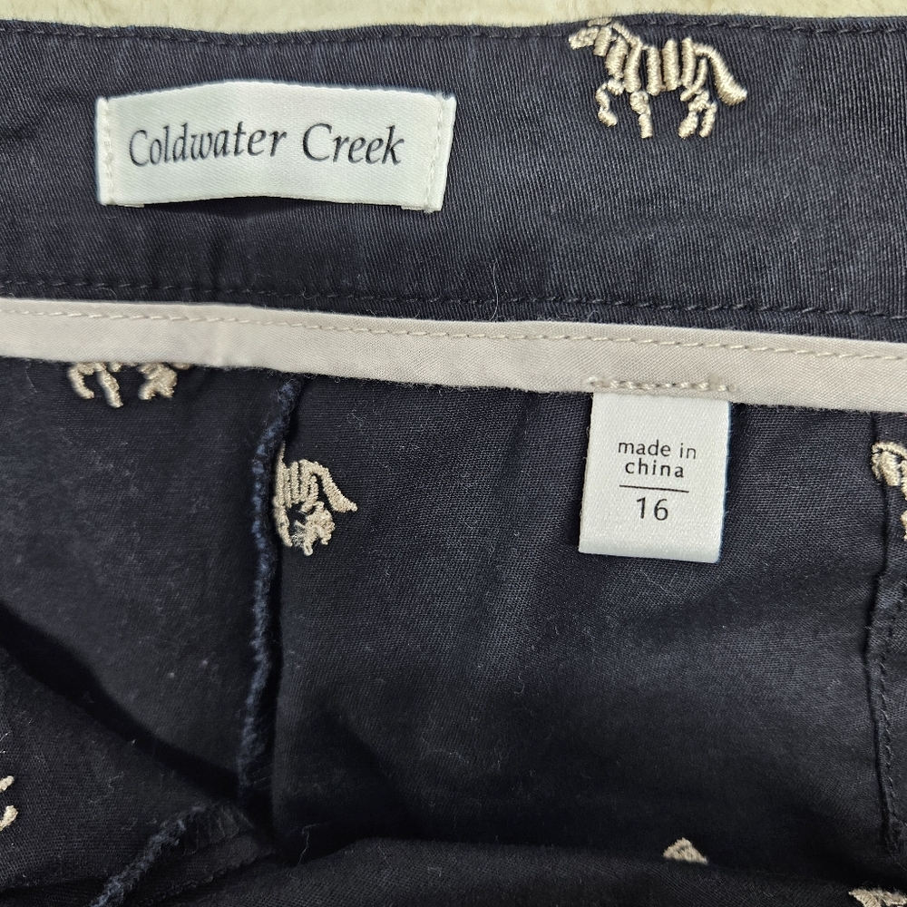 Coldwater Creek Zebra Embroidered Cropped Pants Size 16 Black Novelty Equestrian - Picture 2 of 12